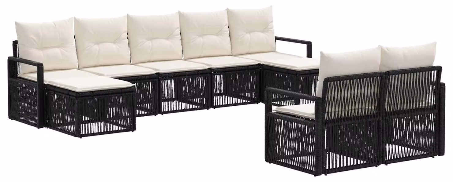 Set da giardino composto da 9 pezzi, colore nero, realizzato in rattan sintetico
