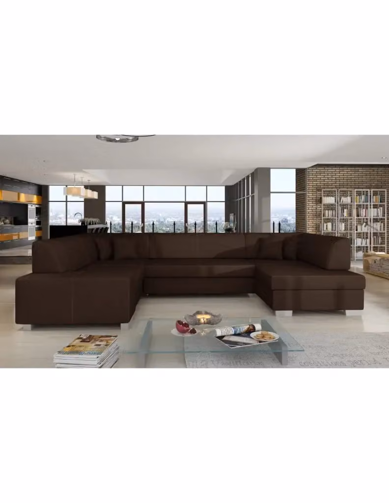Divano panoramico a U HAVANA MEUBLORAMA color cioccolato, convertibile per 6 persone con funzione letto e contenitore, struttura in legno e rivestimento in tessuto e ecopelle, L: 322 cm, P: 176 cm, H: 204 cm – 2