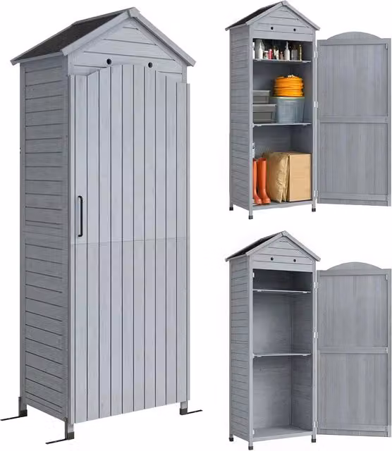 Armadio da giardino Outsunny in legno grigio con ripiani regolabili e tetto zincato