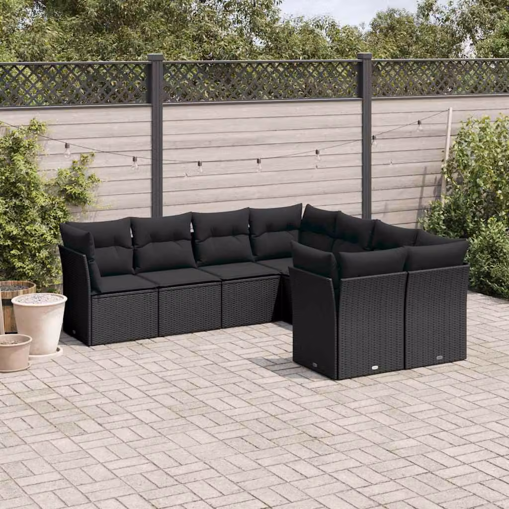 Set di divani da giardino vidaXL a forma di L con 8 pezzi e cuscini, polyrattan nero e struttura in metallo – 1