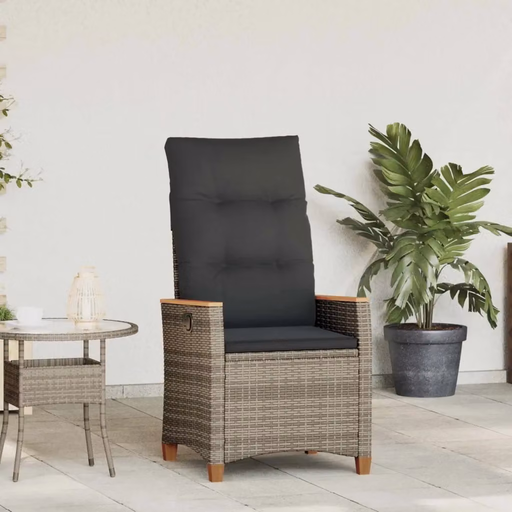 Sedia da giardino moderna in rattan e legno di acacia con braccioli, colori grigio, nero e marrone – 2