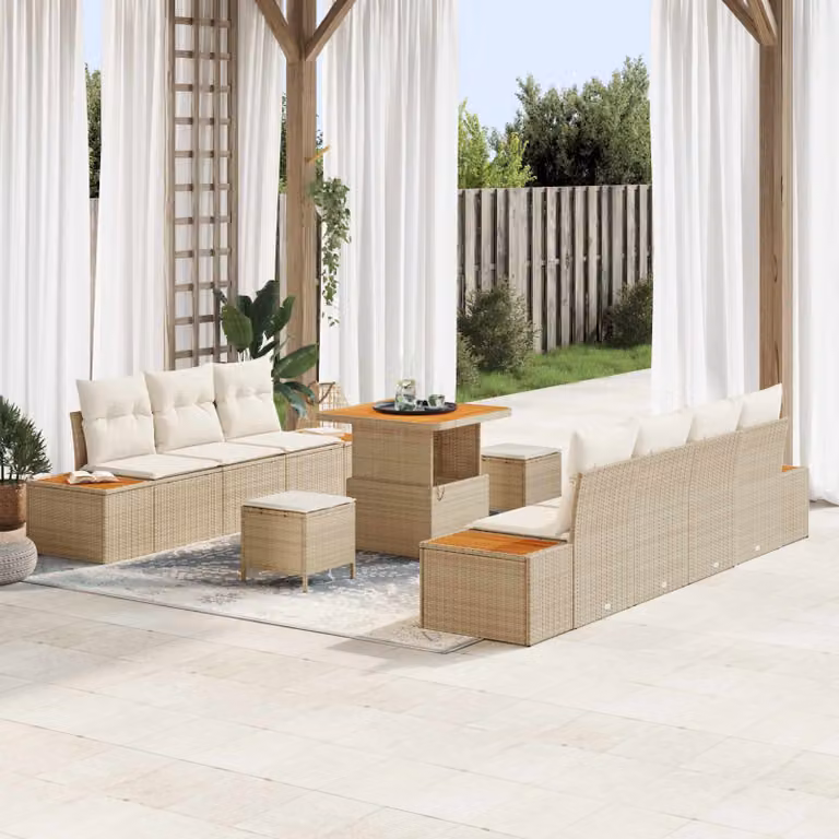 Set Divano da Giardino vidaXL a Forma a L con 10 Pezzi, Beige e Bianco, con Cuscini e Tavolino da Caffè per Esterno