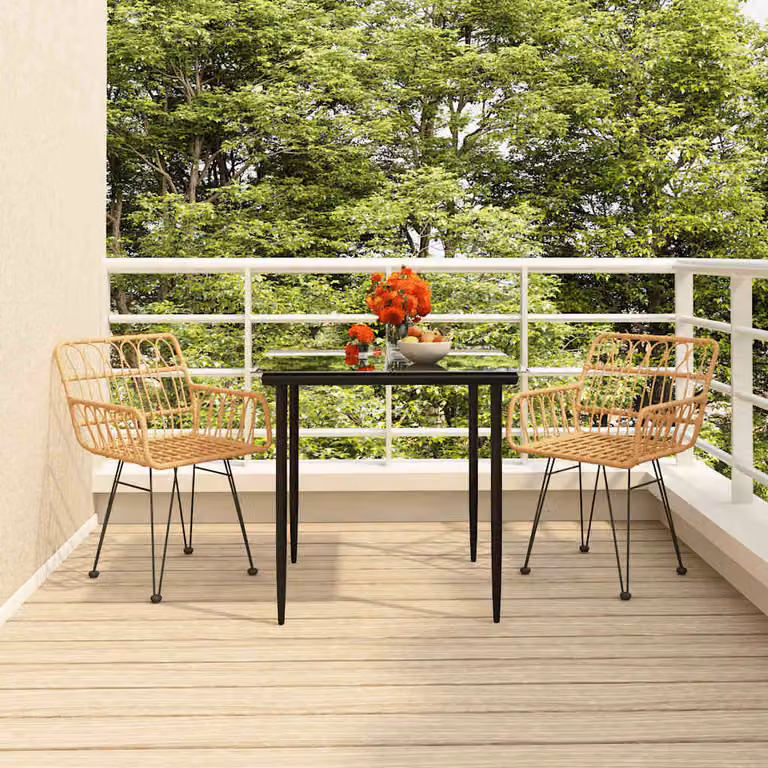 Set da pranzo da giardino vidaXL in 3 pezzi in polyrattan con piano in vetro, colore marrone e nero