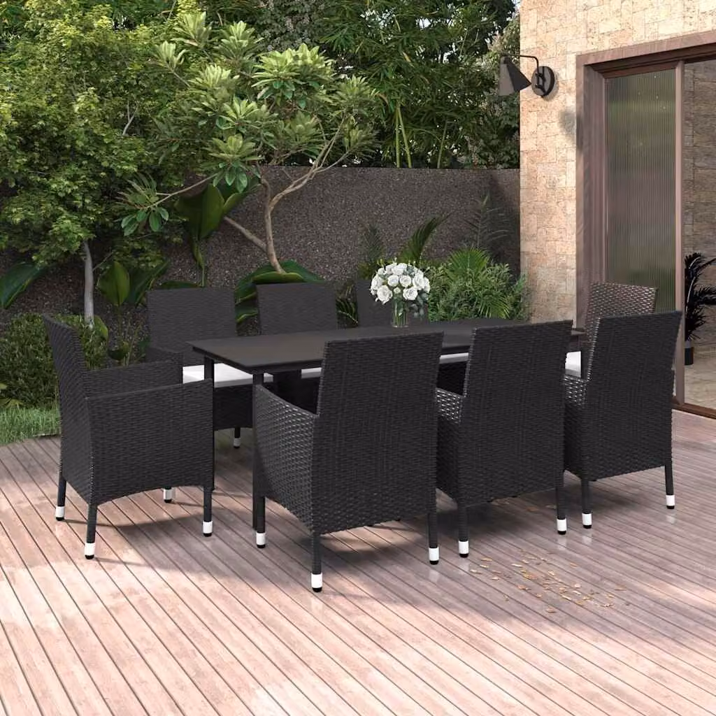 Set da pranzo da giardino vidaXL in polyrattan e vetro con 9 cuscini, design moderno, bianco e nero