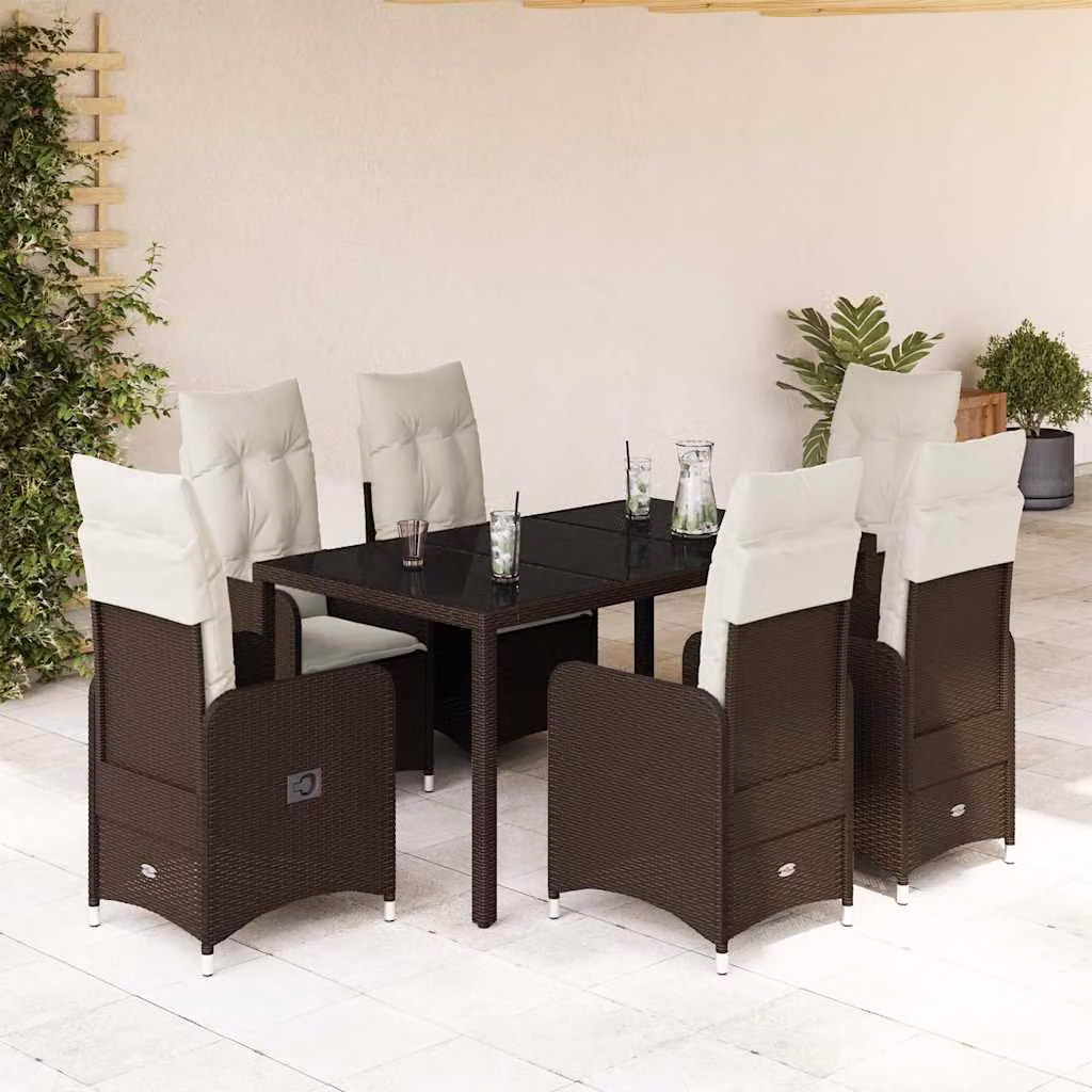 vidaXL Set Bistrò da Giardino 7 pz in Polyrattan e Metallo con Cuscini e Piano in Vetro Marrone – 1