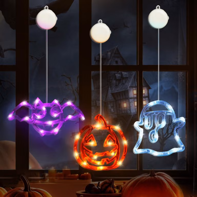 Set di 3 luci decorative per finestre a tema Halloween: zucca, pipistrello, fantasma