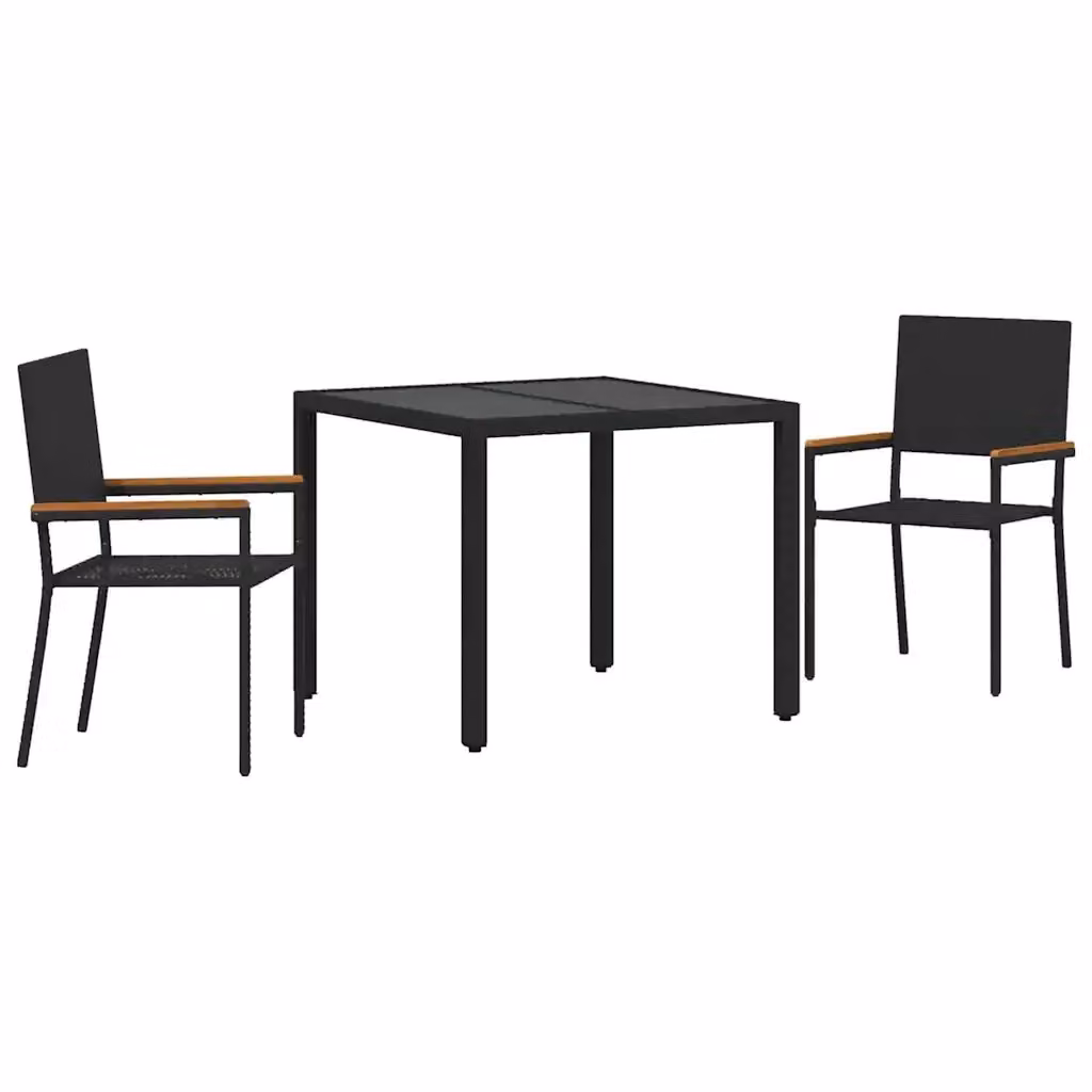 Set da pranzo per giardino e terrazzo vidaXL in polyrattan e legno di acacia con piano in vetro, 3 pezzi, nero e marrone – 2