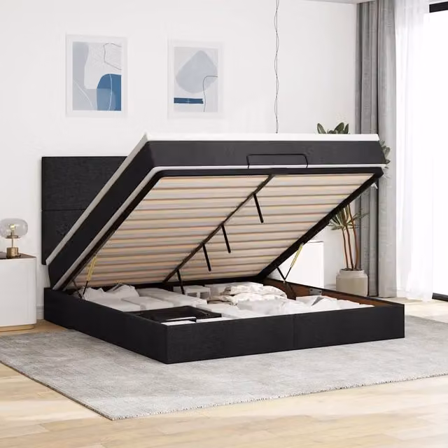Letto con Contenitore a Sollevamento e Materasso vidaXL in Tessuto Nero e Bianco L/P/H: 180 x 200 x 203 cm – 1