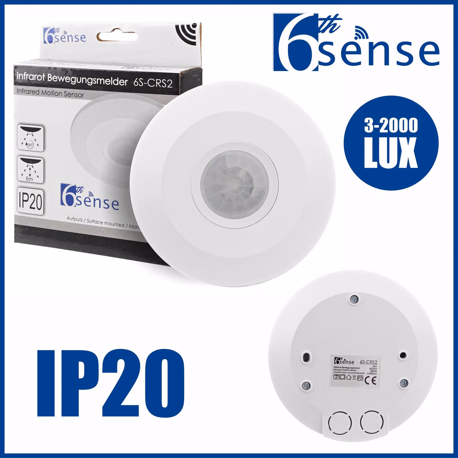 Rilevatore di movimento a infrarossi PIR, montaggio a soffitto, a vista, LED, 360°, 12 m, bianco, sottile