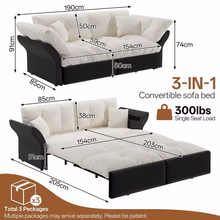 Divano letto - Divano trasformabile 3 in 1, con due posti - 190 cm - Letto matrimoniale - Tessuto velluto - Rivestimento trapuntato - 2 cuscini decorativi - Beige