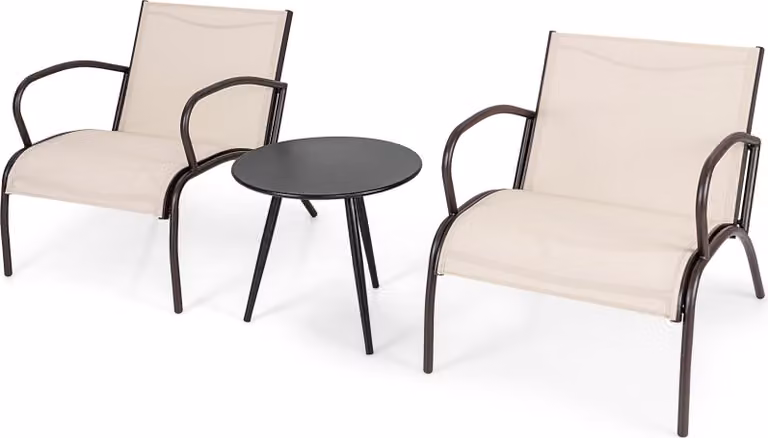 KOMFOTTEU Set di mobili da giardino da 3 pezzi con tavolo rotondo e 2 sedie da balcone in textilene e metallo, set bistrot per terrazza, veranda, bordo piscina, per 2 persone, marrone