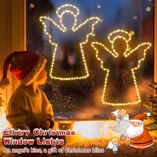 Illuminazione LED per finestre Ibbenzoa® con 200 LED – 2 angeli in metallo (fino a 40 cm), alimentazione a batteria, cavo da 1 metro, grado di protezione IP44, 8 modalità di illuminazione, timer 6h/18h