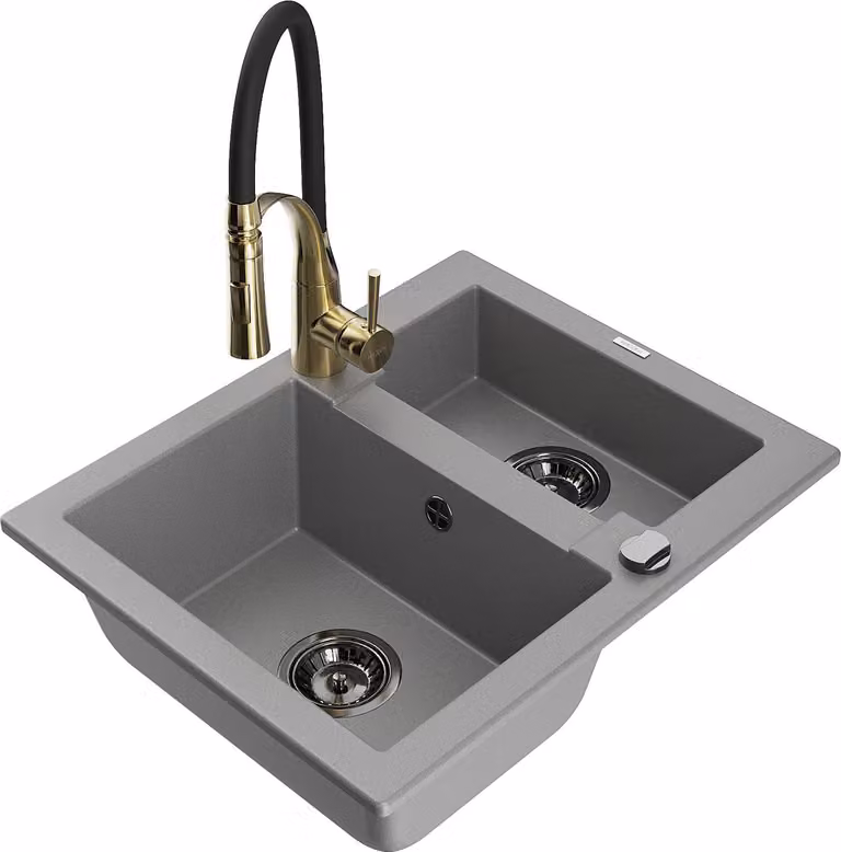 Mexen Carlos lavello da cucina in granito 1,5 vasche con miscelatore Aster, grigio - 6518-71-73450-57-B