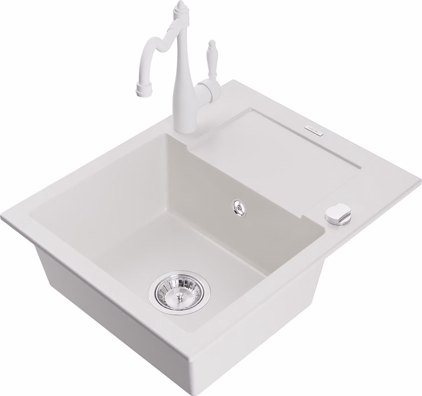 Mexen Enzo lavello in granito a 1 vasca con scolapiatti e rubinetto da cucina Carla, bianco - 6506-20-670700-20
