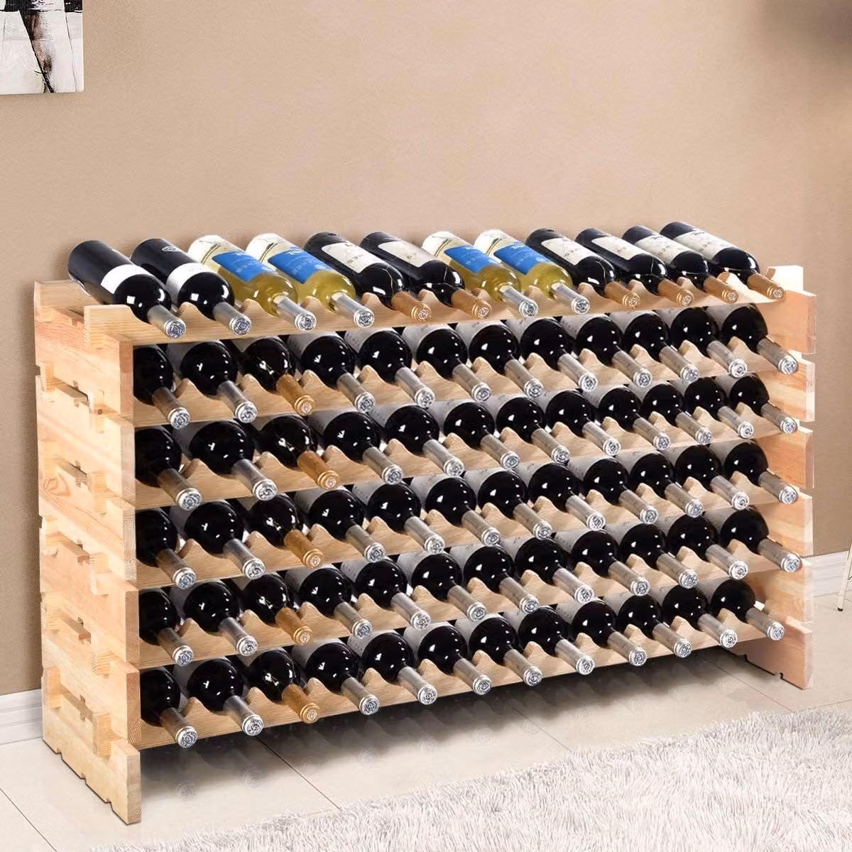 Scaffale portabottiglie Costway in legno di pino marrone rustico per 72 bottiglie, L 119 cm x P 29 cm x H 71,5 cm