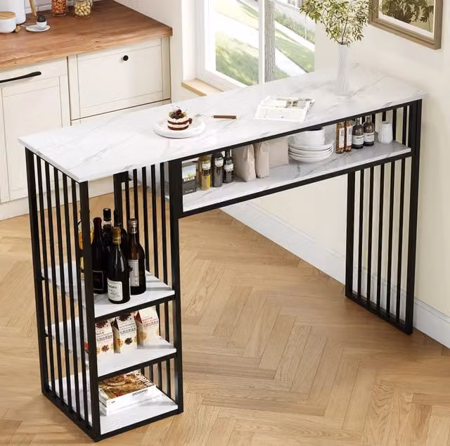Tavolo bar ULEVR 140x40x105 cm con 3 ripiani aperti, piano in MDF effetto marmo e struttura in metallo bianco e nero