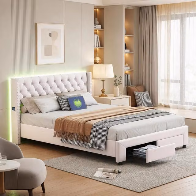 Letto matrimoniale 180x200 cm con contenitore cassetti LED USB imbottito in velluto - beige