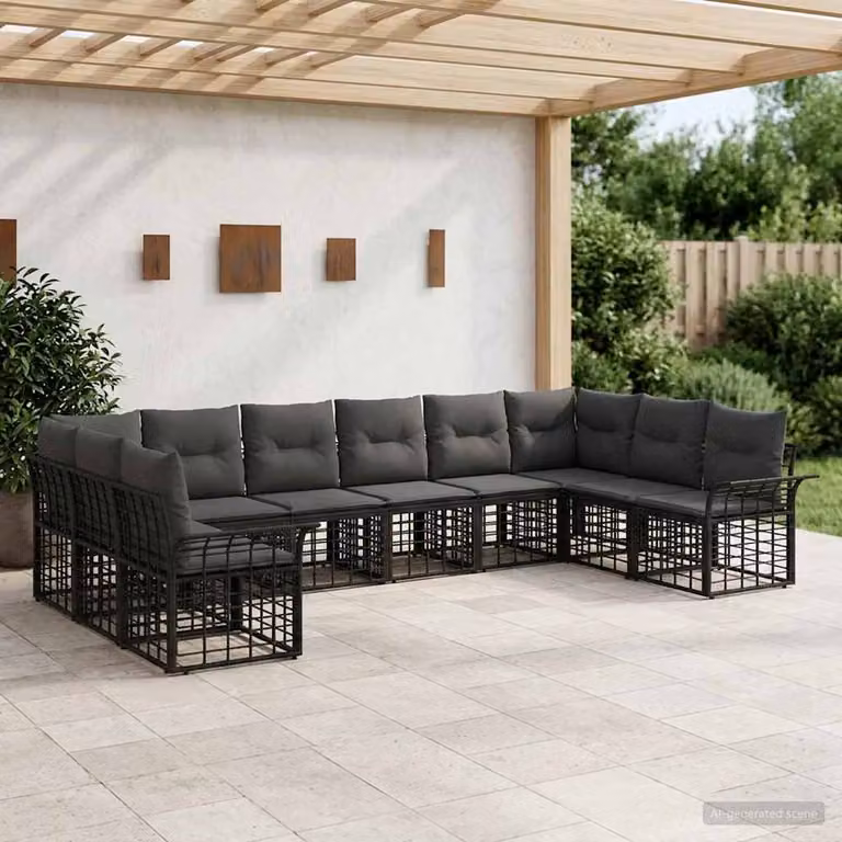 Set di divani da esterno a forma di U vidaXL composto da 10 pezzi in metallo e tessuto nero e grigio con cuscini inclusi