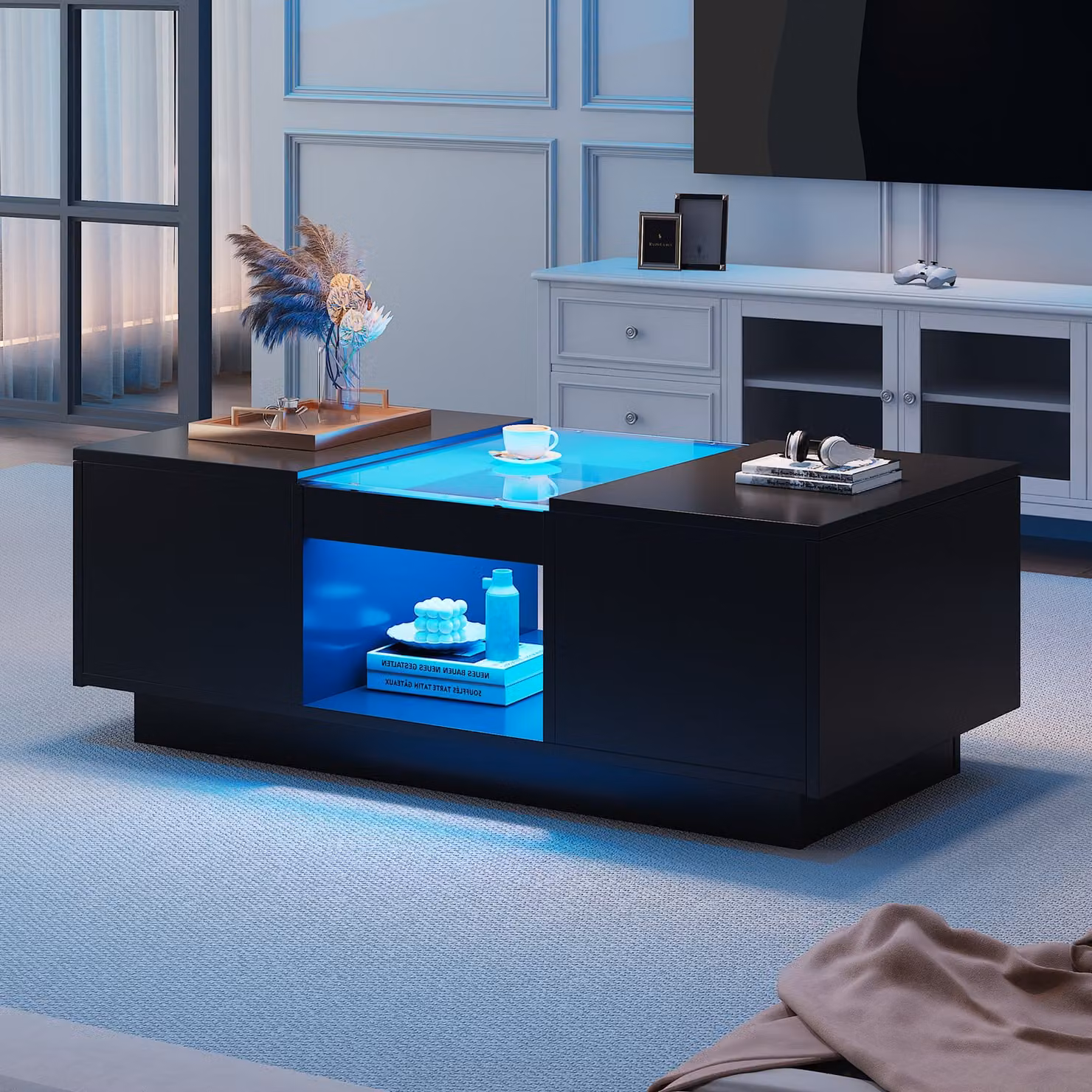 MODFU tavolino da salotto tavolo app control LED high gloss per soggiorno, camera da letto, tavolino rettangolare con rivestimento in vetro, 2 cassetti e 1 vano a giorno, nero
