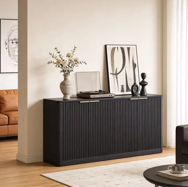 Sideboard moderno 150 cm con design a onde, armadio 4 ante nero per cucina, soggiorno e camera da letto, 150x40x70,5 cm