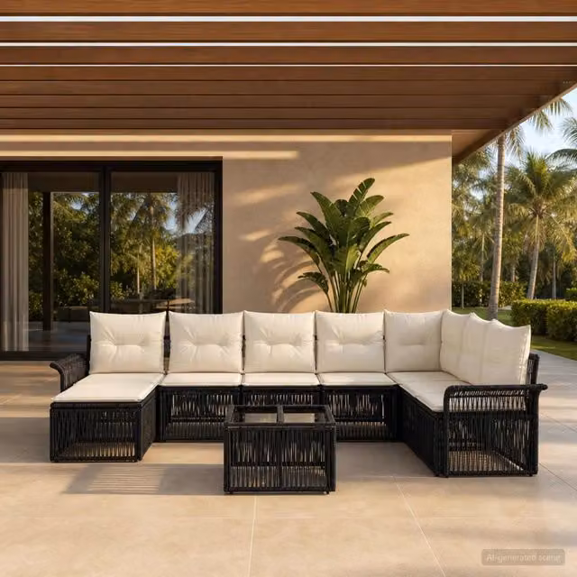 Set Divano da Giardino vidaXL a forma a U in Polyrattan Nero con Cuscini e Tavolino da Caffè