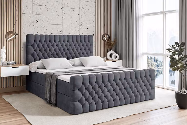 Letto boxspring ALTDECOR con pediera, materasso H3 e topper - 160 x 200 cm - SERENE-Z - Velluto grigio scuro - Letto imbottito con contenitore e rete a doghe, letto con spazio contenitivo