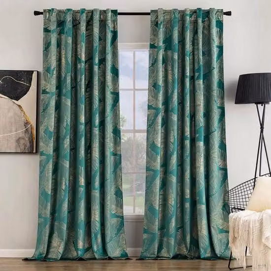 Set di 2 tende in velluto verde smeraldo con motivo foglia dorata, oscuranti e termoisolanti, H 245 x L 140 cm