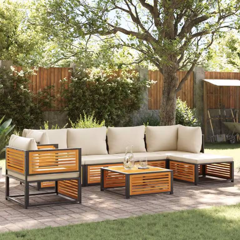 Set Divano da Giardino a L vidaXL 7 pz in Legno di Acacia e Acciaio con Cuscini Imbottiti e Rivestimenti Rimovibili