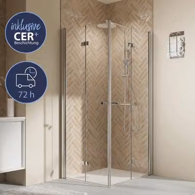 BREUER Porta angolare a battente con ante a ribalta ELANA 2.0 Express Q72, 80 x 80 x 200 cm, profilo argento, vetro trasparente con trattamento anti-sporco
