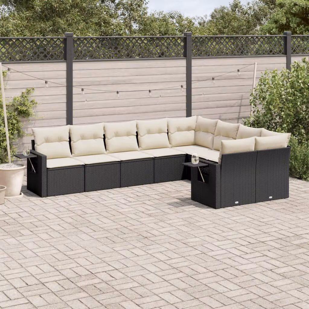Set di divani da giardino vidaXL in polyrattan nero con 9 pezzi e cuscini inclusi – 1