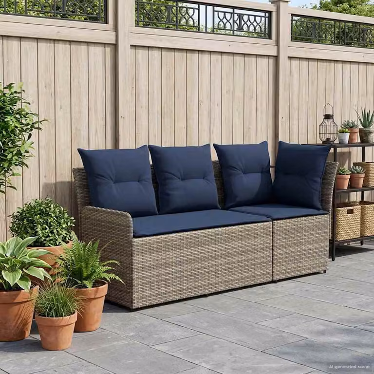 Set di 2 divani angolari vidaXL in rattan con cuscini imbottiti, colore grigio o blu, per giardino e terrazza
