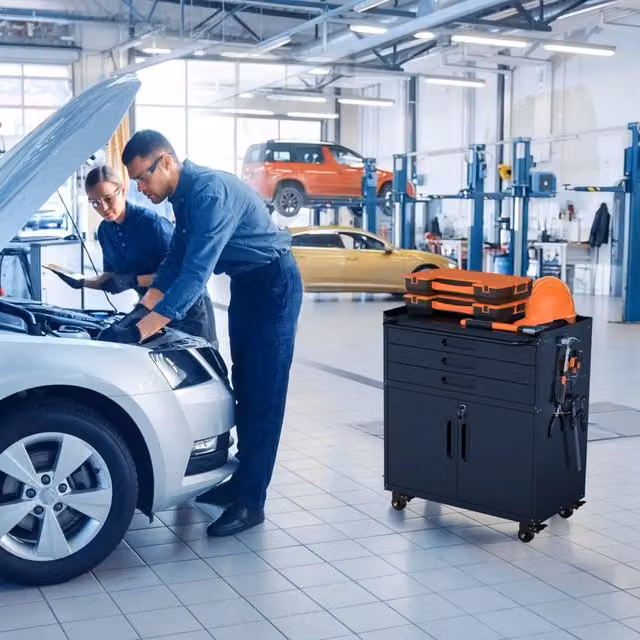 Mobile contenitore da officina in metallo con 3 cassetti 2 ante con serratura e ruote per garage nero 87,3 × 75 × 42 cm