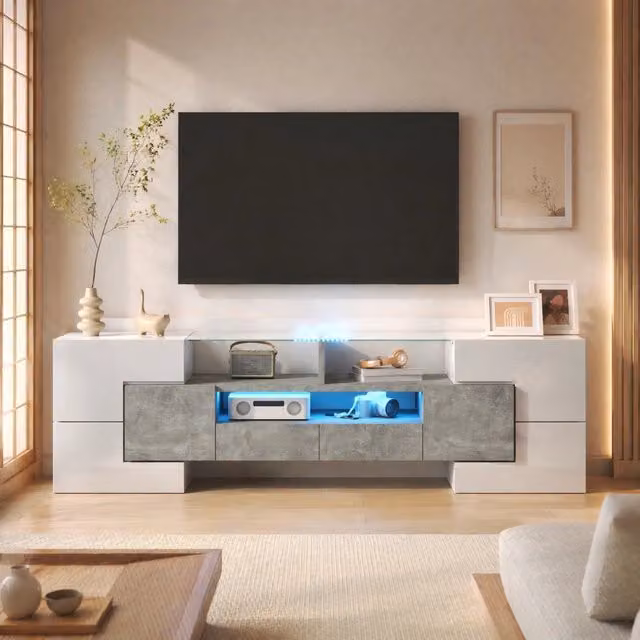 Mobile TV 145x30x51 cm bianco in MDF e truciolare - 6 ante e LED multicolore
