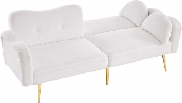 Divano letto due posti con schienale regolabile, rivestimento in tessuto misto lana, piedi in metallo dorato, 155x85,5 cm