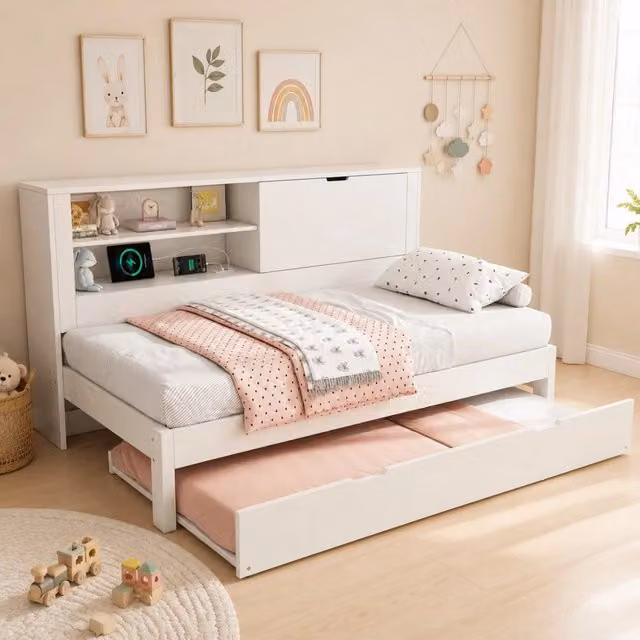 Divano letto con letto estraibile 90x190 cm; contenitore e ricarica USB; bianco