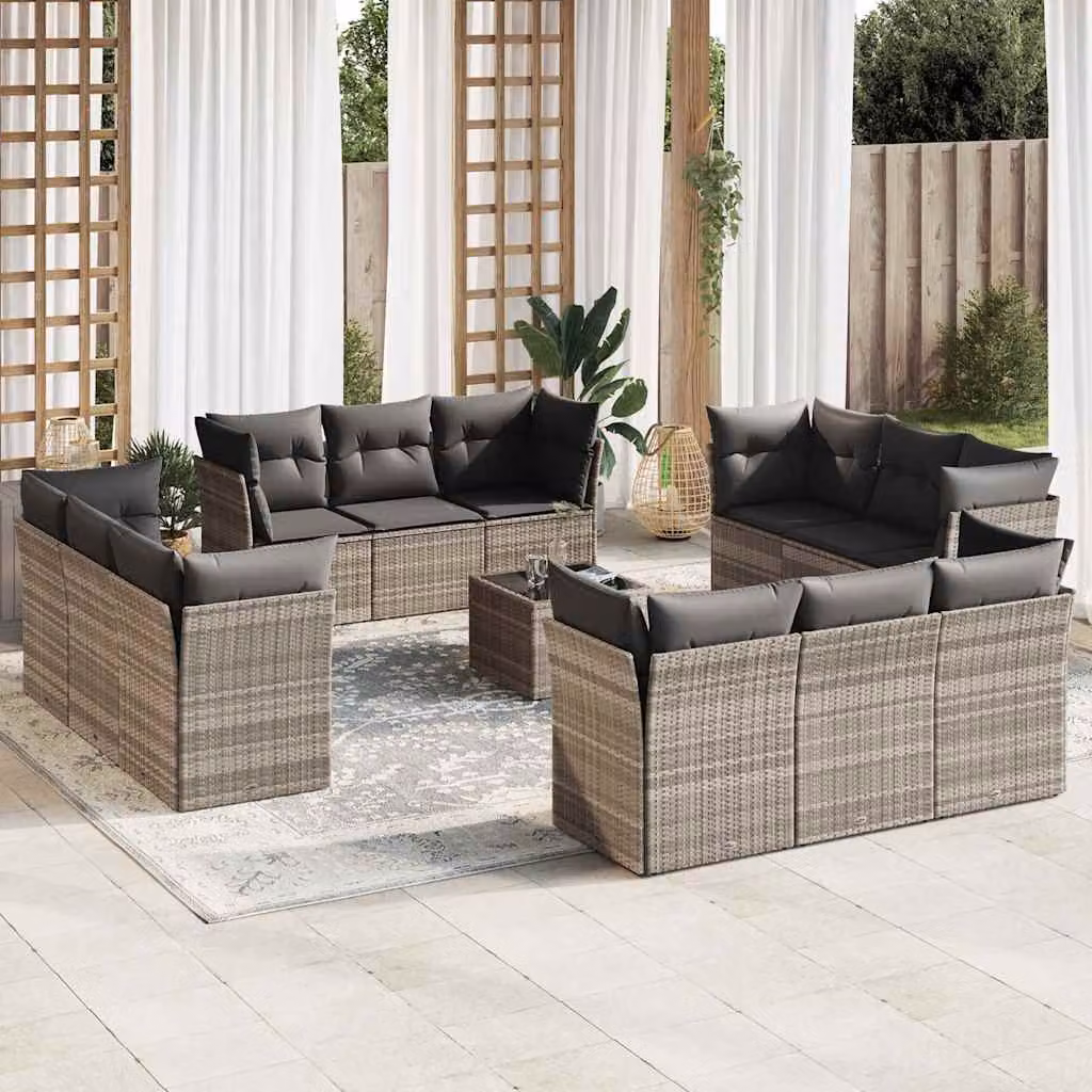 vidaXL Set Divani da Giardino a Forma di L 13 Pezzi con Cuscini Grigio Chiaro e Tavolino in Vetro – 1