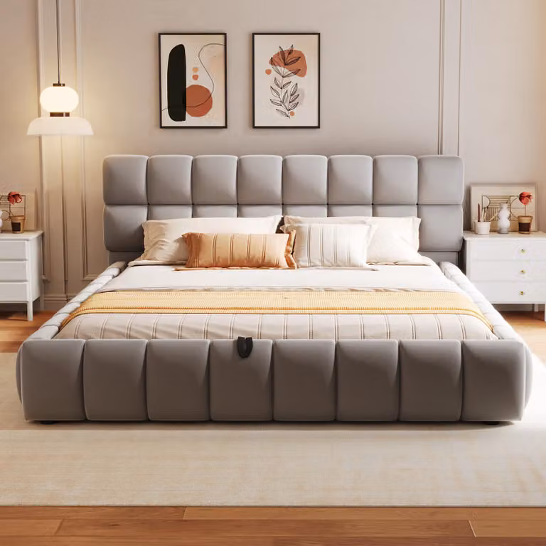 MODFU letto imbottito 140x200 letto contenitore letto matrimoniale, letto per ragazzi con rete a doghe, funzione di sollevamento idraulico, tessuto in velluto, con materasso, grigio