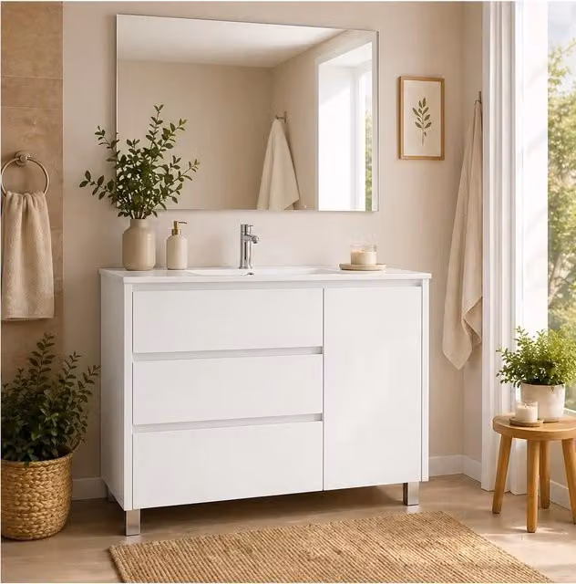 Mobile bagno con 3 cassetti, anta e lavabo ORIGENBATH VOLUM senza specchio 90x45 cm bianco