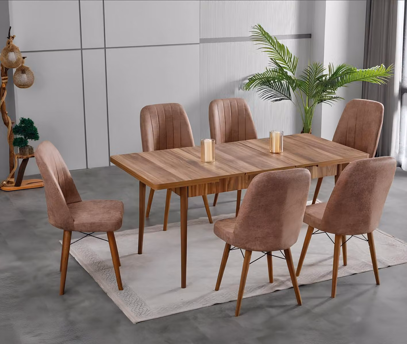 Tavoli da pranzo, set da pranzo, tavolo da pranzo marrone, sedie confortevoli, forma rettangolare, design moderno