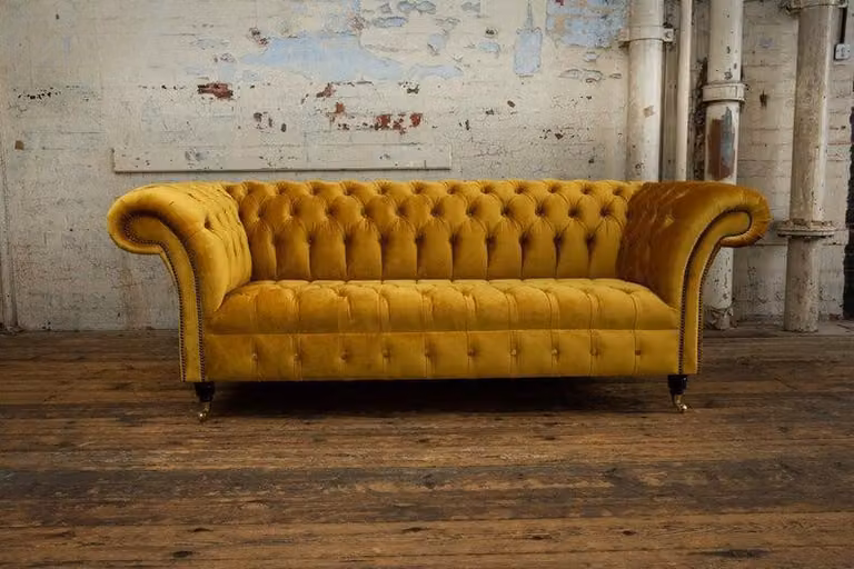 XXL Sofa 3 Sitzer Couch Chesterfield Polster Sitz Garnitur Leder Gelb