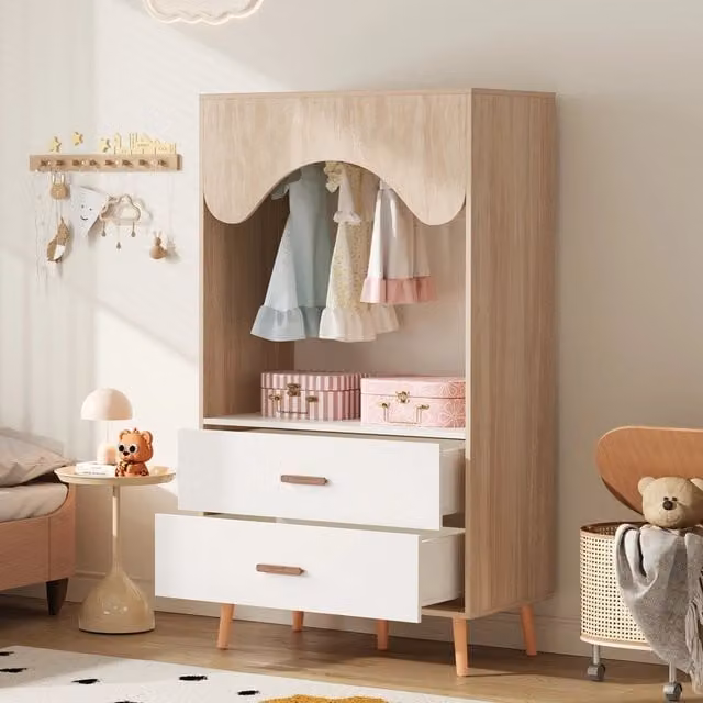 Armadio aperto REDOM con asta appendiabiti e 2 cassetti, stile scandinavo, Bianco/Naturale, L: 80 cm, P: 46 cm, H: 141,5 cm