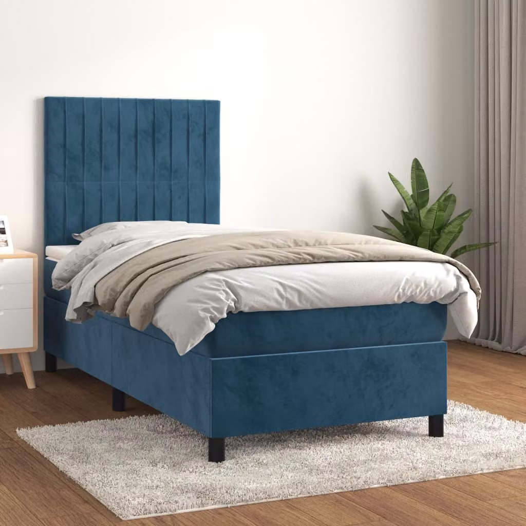 The Living Store Letto a molle con materasso blu scuro 80x200 cm in velluto