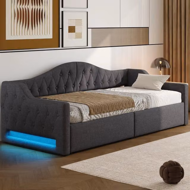 Letto 90x200 cm con contenitore e LED in MDF; multistrato e imbottito grigio