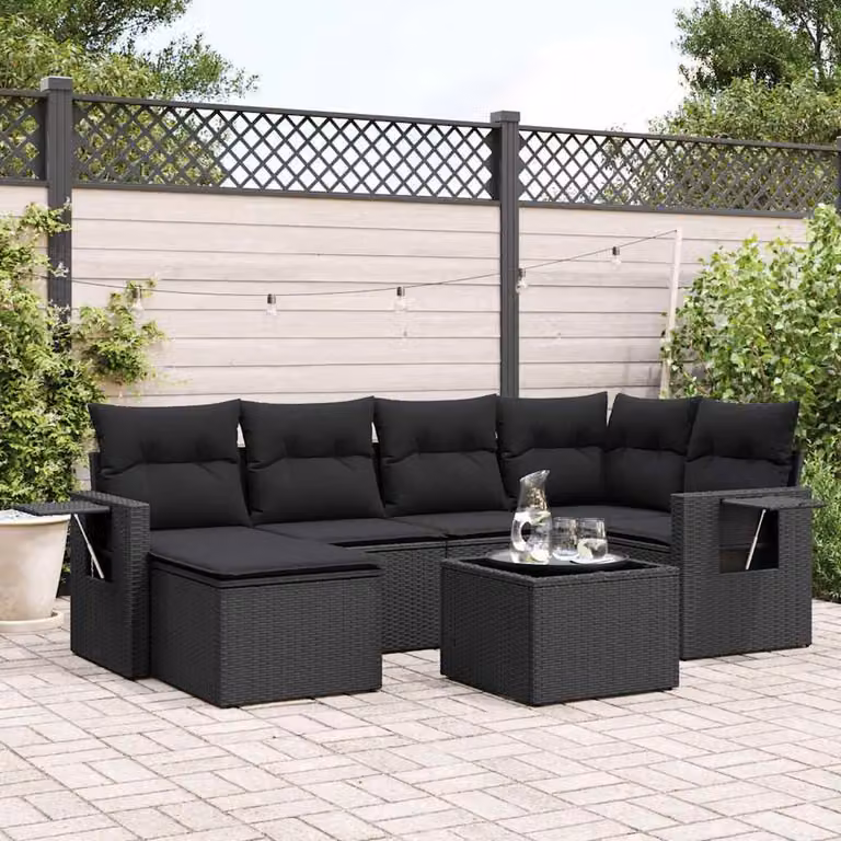 vidaXL Set Divani da Giardino a L con 7 Pezzi in Polyrattan Nero e Cuscini Imbottiti