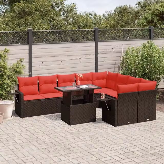 Set Divani da Giardino 10 pz con Cuscini Marrone in Polyrattan 3268134