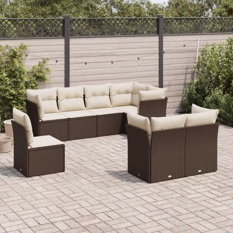 Set di Divani da Giardino vidaXL 8 pz a Forma a U in Polyrattan Marrone con Cuscini Bianchi e Imbottitura Removibile