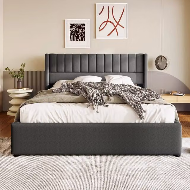 Letto contenitore Mivray con sollevamento idraulico, rete a doghe e testiera imbottita in lino grigio, L/P: 160 x 200 cm