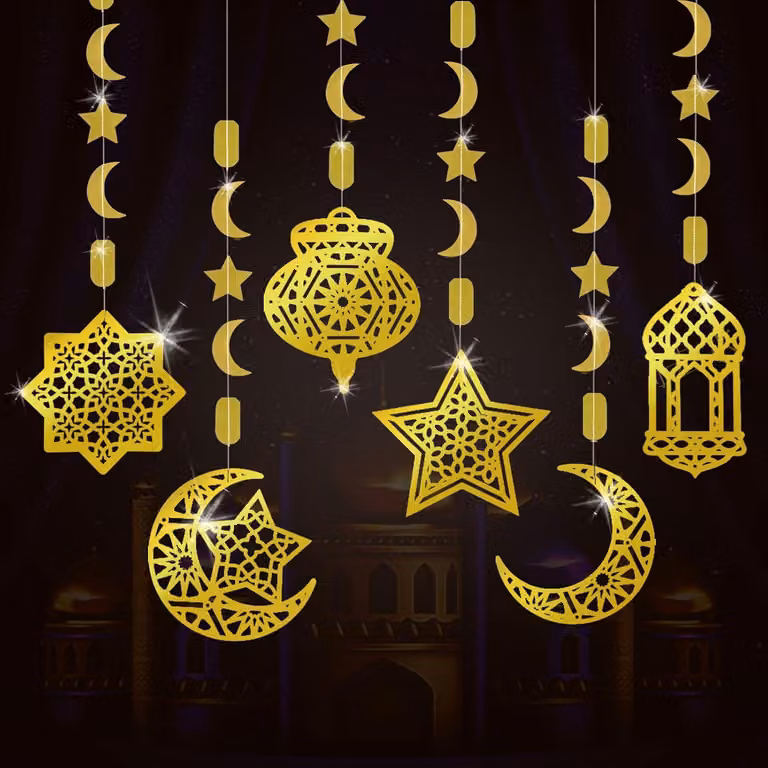 Decorazioni da appendere per l'Eid Mubarak, 6 pezzi, stelle e lune dorate per Ramadan, lanterne decorative già pronte da appendere