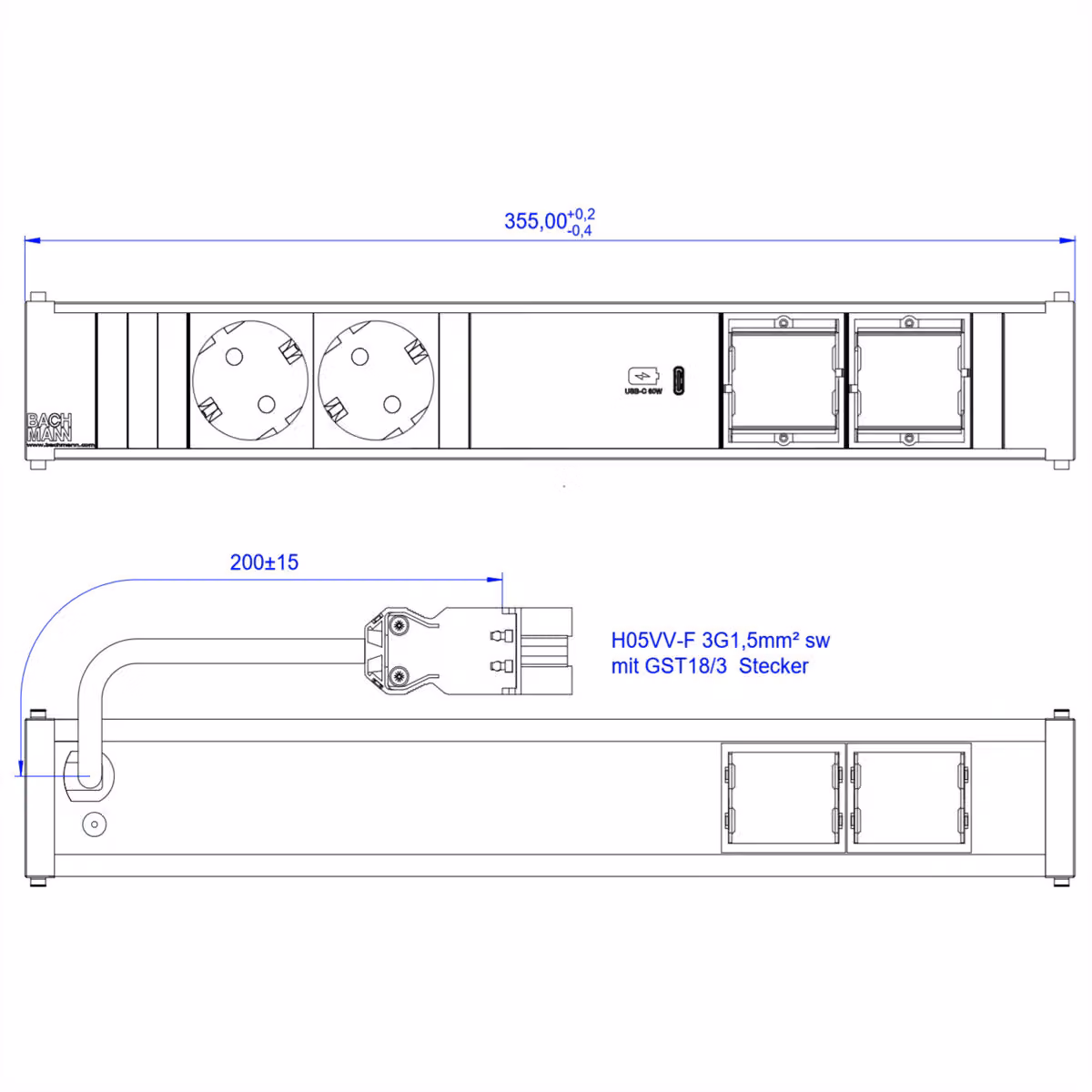 Bachmann CONI - Presa multipla - corrente alternata 250 V - ingresso, ingresso GST18i3 - connessioni in uscita: 2 (2 x CEE 7/3,