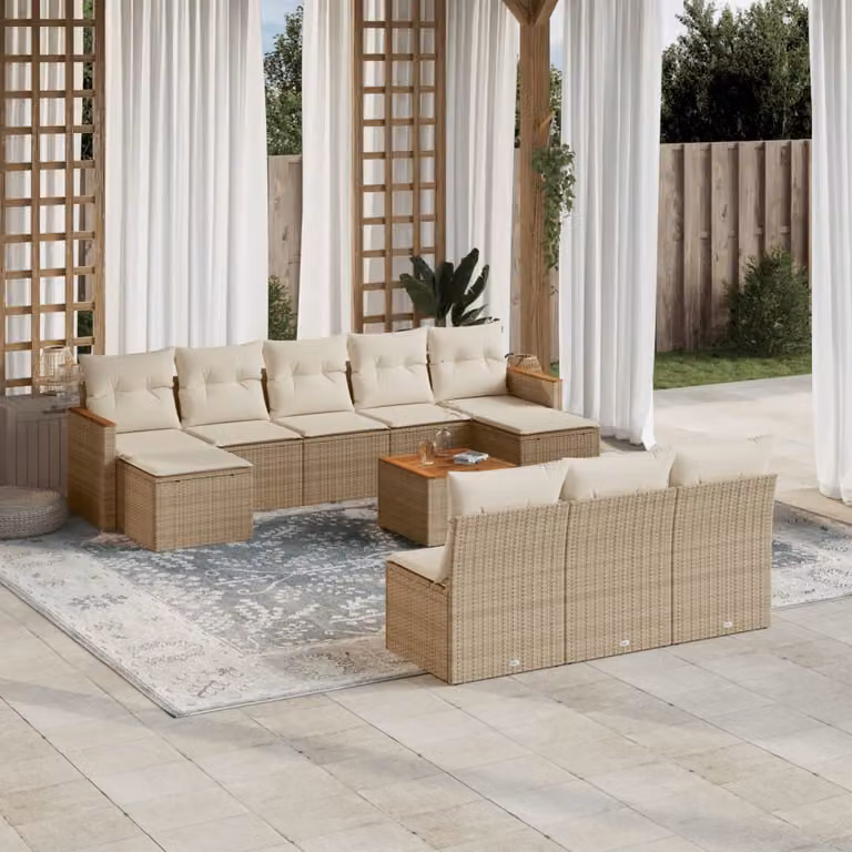Set di divani da giardino vidaXL 11 pezzi con cuscini beige in polyrattan e struttura in acciaio per esterno